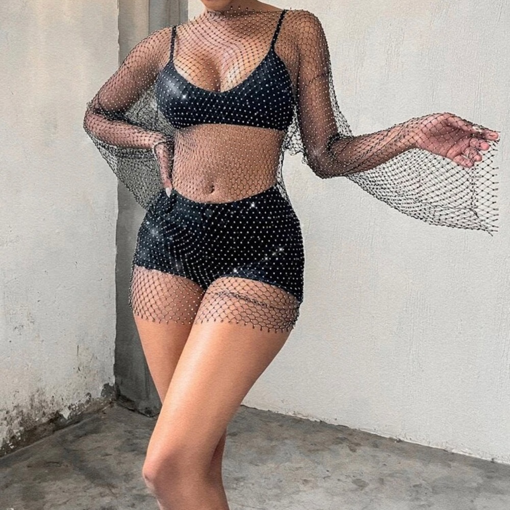 SHEIN Long sleeve mesh rhinestone dress